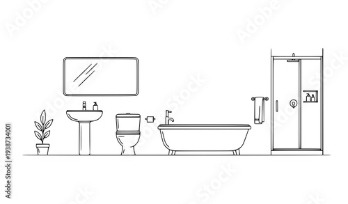A minimalist line art illustration of a modern bathroom interior