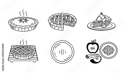 A set of black and white line art illustrations of pies and baking ingredients