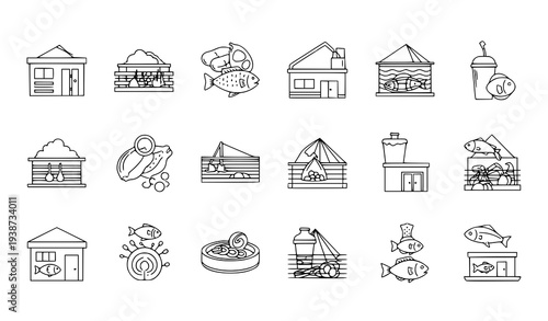 A set of line art illustrations depicting various fishing and seafood icons