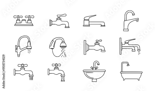 A set of minimalist faucet and sink illustrations in a flat design style