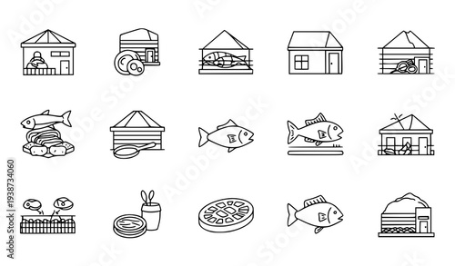 A set of line art icons depicting seafood and market stalls