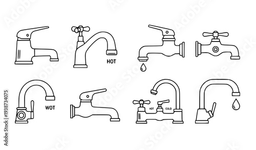 A set of eight different faucet icons in a minimalist line art style