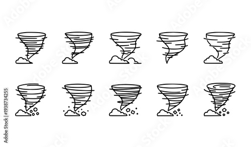 A set of black and white tornado icons in various stages of formation