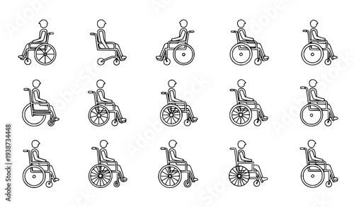 A set of minimalist illustrations of people in various wheelchair positions