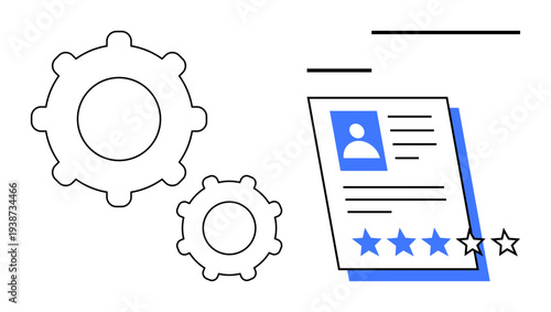 Gear mechanisms beside user profile and star ratings, symbolizing performance assessment, efficiency, system optimization, recruitment, HR tools, teamwork, and productivity. Ideal for settings