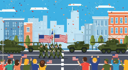 Military parade with soldiers, tanks, and cheering crowd waving American flags