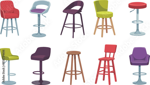 Modern bar stool chair collection illustration set with stylish kitchen seating furniture icons for cafe restaurant interior design