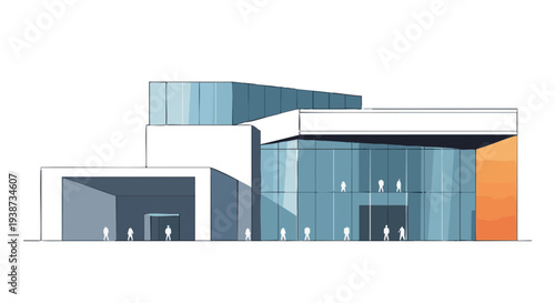 Architectural illustration of a modern art museum with a glass facade and minimalist figures.