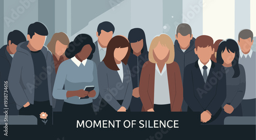 Diverse crowd of people observing a moment of silence with bowed heads. Solemn vector illustration.