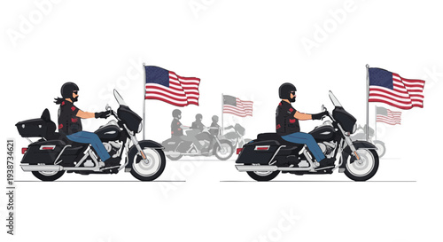 Patriotic motorcycle riders in a procession with American flags, vector illustration