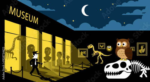 Security guard patrols a natural history museum at night with dinosaur skeletons and an owl, vector illustration.