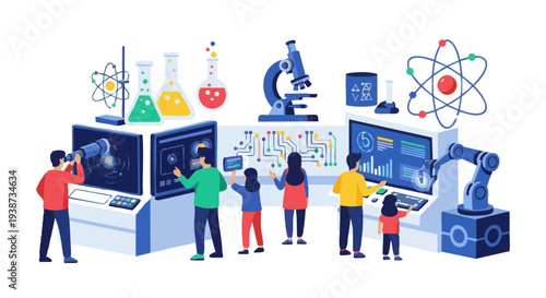 Family and kids at an interactive science and technology museum exhibit. Vector illustration.