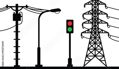 Silhouette illustration of urban infrastructure showing utility pole, streetlight, traffic signal, and transmission tower with power lines, representing city electrical systems and traffic 