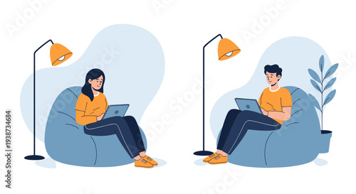 Illustration of Man and Woman Using Laptops on Bean Bags.