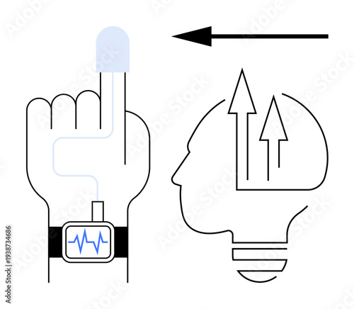 Futuristic technology. Finger sensors and biometric data flow meet brain innovation. Technology innovation powering biometric advancements. For health tech, AI systems, innovation solutions, data