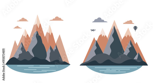 Mountain Landscape Illustration with Hot Air Balloons.