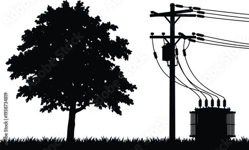 Silhouette illustration of utility pole with electrical transformers and power lines beside tree, highlighting infrastructure, vegetation safety, energy distribution, and environmental 