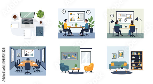 Office Interiors with Modern Furniture and Decor.