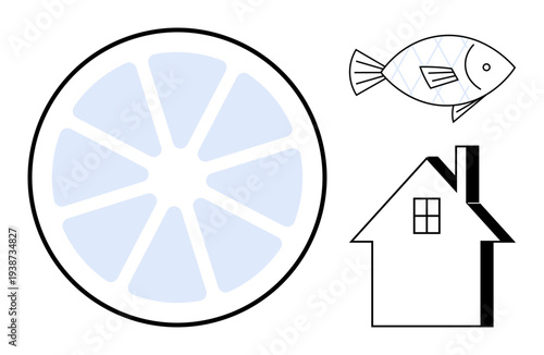 Graphic design, education, creative concepts, minimalism, home, nature. A blue circular slice, outlined fish and house sketch in modern clean composition. Graphic design and education