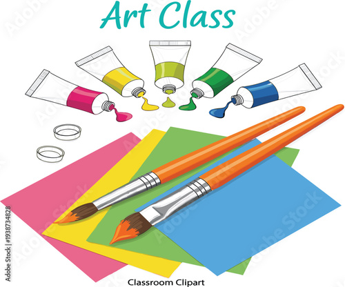 Art class supplies with paint tubes, brushes and colorful paper vector illustration
