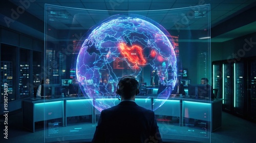 A man in a suit and headset monitors a large holographic screen displaying a glowing digital globe highlighting a Middle Eastern nation, symbolizing global security and data analysis.