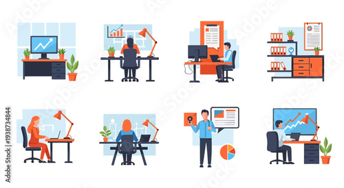 Office Workers at Workstations with Computers.