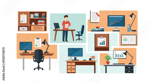 Office Workspaces with Computer and Furniture.