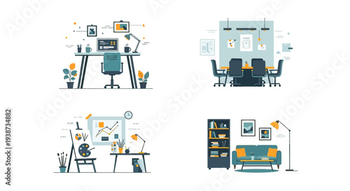 Office Workspaces with Modern Computer Equipment.