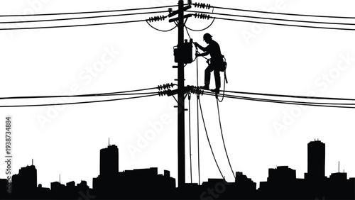 Silhouette illustration of utility worker repairing electrical power lines on pole with city skyline background, artwork symbolizing infrastructure, maintenance, safety, and urban industrial design