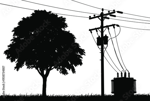 Silhouette illustration of utility pole with electrical wires, insulators, and transformer beside tree, artwork symbolizing infrastructure, electricity distribution, urban maintenance, 