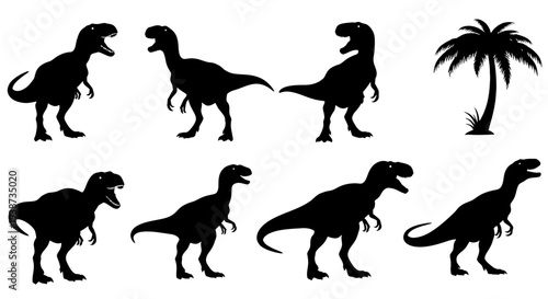 Silhouettes of Various Dinosaurs and Palm Tree.