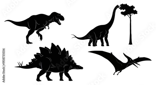 Silhouettes of Various Prehistoric Dinosaurs and Pterosaur.
