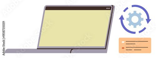 System updates, software optimization, data management, tech support, digital tools, configuration processes. Laptop with gear in circular arrows and data display. System updates and software