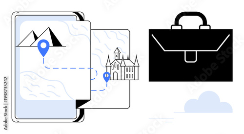 Travel planning, tourism apps, business trips, navigation tools, destination tracking, digital documentation. A map shows a route to a castle, paired with a briefcase icon. Travel planning