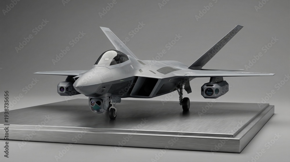 Fototapeta premium A sleek, grey, modern stealth fighter jet model with advanced sensor pods stands on a brushed metallic display base, symbolizing future military technology.