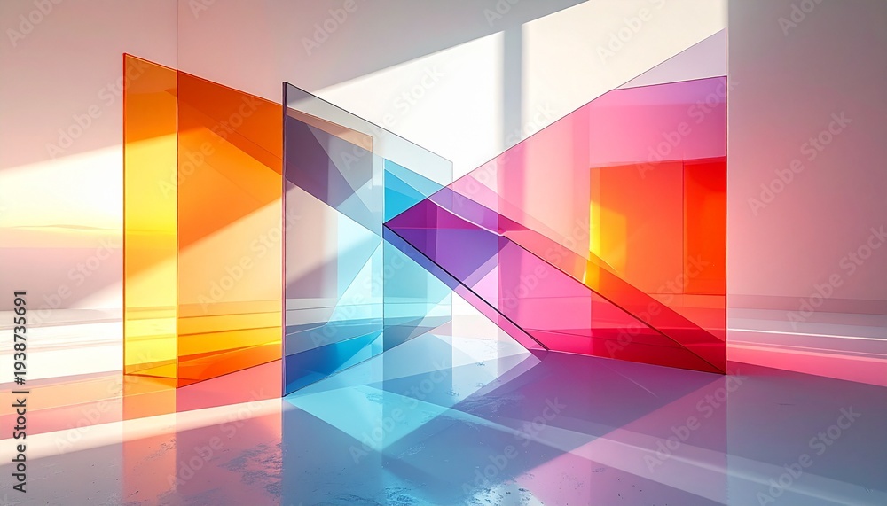 Fototapeta premium Dynamic interplay of vibrant light and shadow through intersecting abstract geometric planes, creating a captivating modern art composition with a futuristic aesthetic