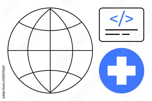 Global communication, web design, healthcare solutions, medical technology, online coding, universal connection. Globe with a grid, coding icon blue circle with a cross. Global communication and web