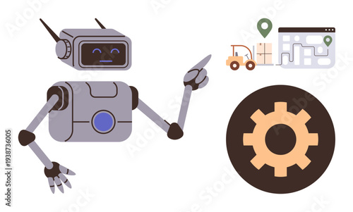 Robotics, automation systems, industrial workflow, logistics technology, artificial intelligence, smart navigation. A robot pointing at a gear, forklift and map icon. Robotics and industrial