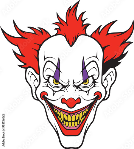 Evil Clown Mascot Head Illustration with Red Hair and Sharp Teeth