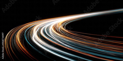 Bright, swirling streaks of orange, white, and blue light curve across a deep black background creating an abstract motion effect.