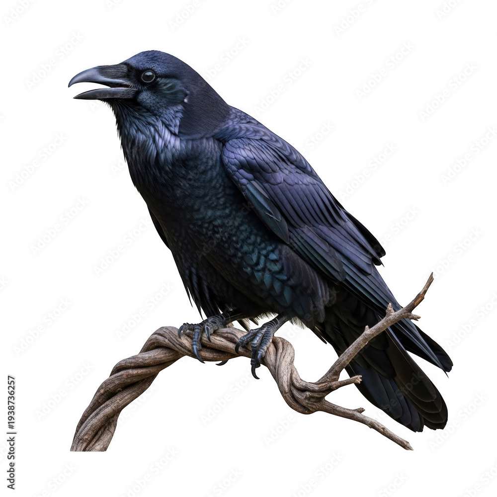 Obraz premium Majestic black crow perched gracefully on a slender branch isolated on transparent background