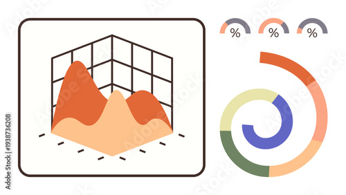 Business analytics, data trends, statistics, information tracking, decision-making, presentation tools. A 3D graph and circular chart data. Business analytics and data trends concept