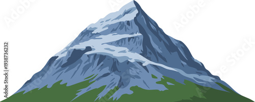 Snow covered mountain peak illustration with alpine landscape and green foothills, majestic nature scenery for travel adventure design