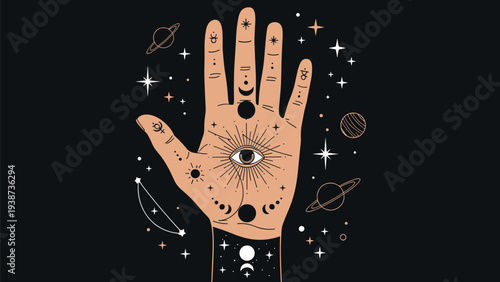 Mystical occult hand featuring a central eye, surrounded by celestial elements like moon phases, planets, and sparkling stars, set against a dark, cosmic background.