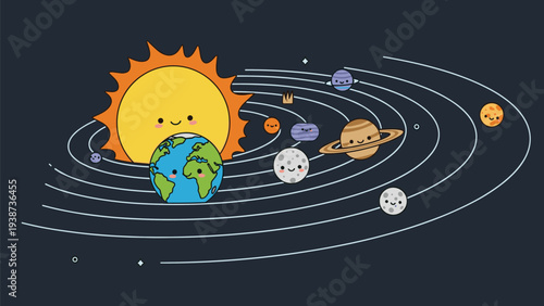 Adorable cartoon solar system illustration featuring a happy, smiling sun at its center, surrounded by cute, cheerful planets orbiting in their distinct paths.