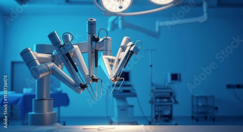 Advanced robotic surgical arm performing minimally invasive procedures in a sterile operating theater environment, engineering, sophisticated, metallic
