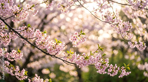 Delicate pink cherry blossoms blooming on branches in soft sunlight.