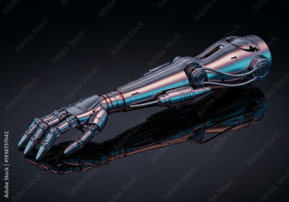 Naklejka premium Ultra realistic studio shot of a high end polished metallic bionic limb resting on a deep black reflective surface, presentation, aesthetic, engineering