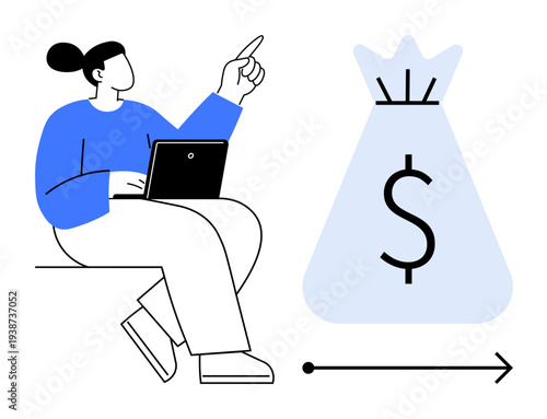 Female figure working on a laptop pointing at a dollar sign money bag. Ideal for online earnings, financial planning, digital economy, income generation, business strategy, wealth building