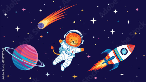 Brave lion astronaut floating energetically through the dark, starry outer space, surrounded by a vibrant ringed planet, a fiery comet, and a powerful launching rocket.
